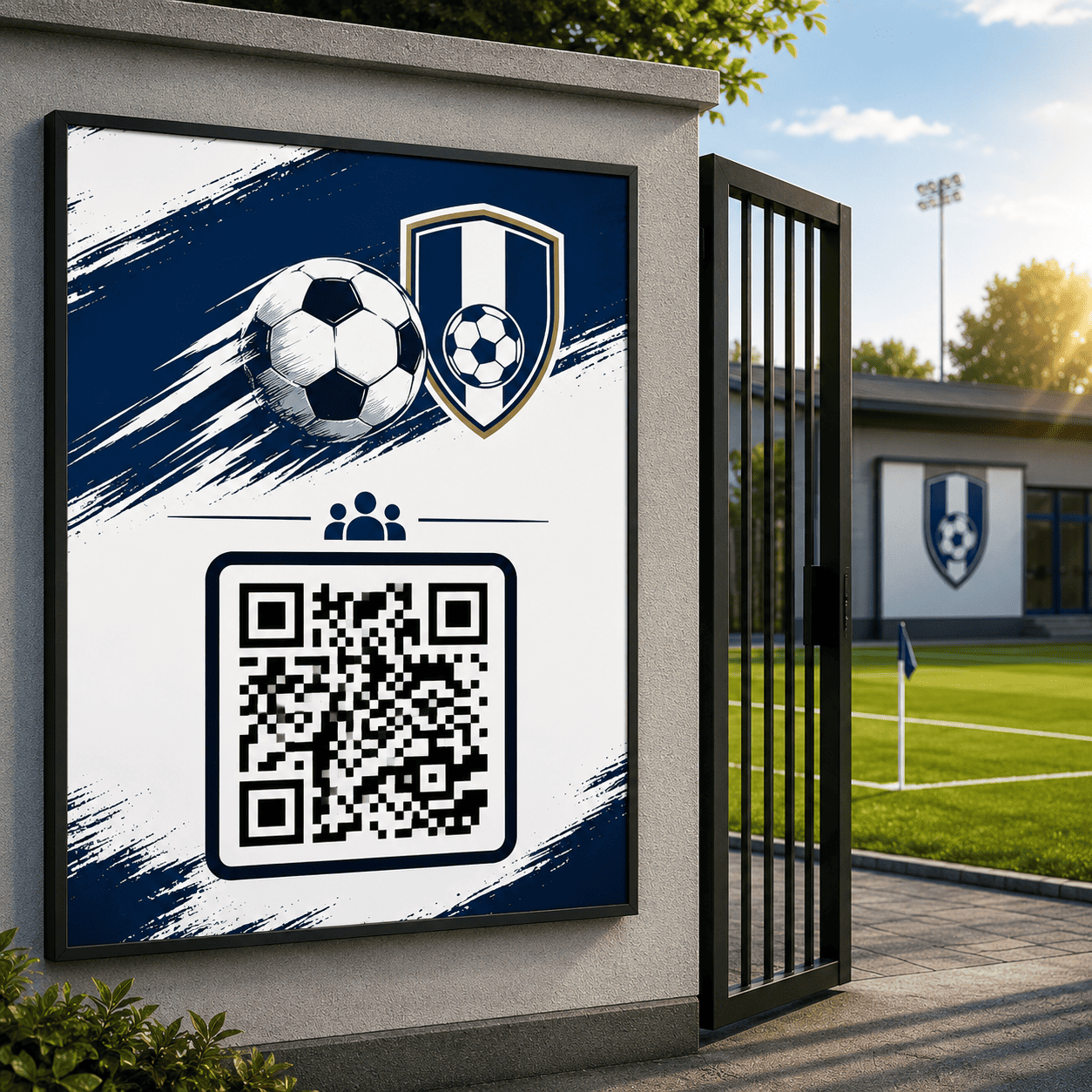 Affiche du club avec QR Linkeez sur le mur d'enceinte